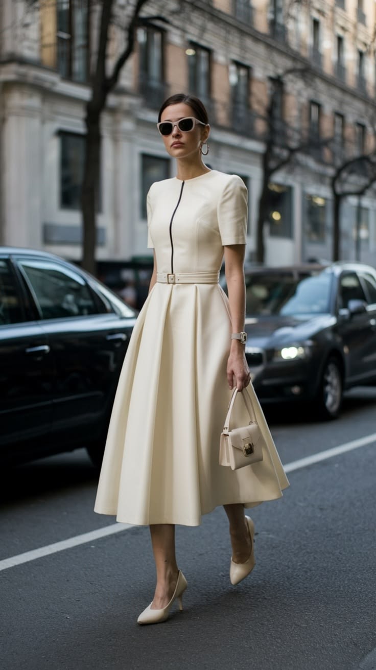 Cream midi dress street style